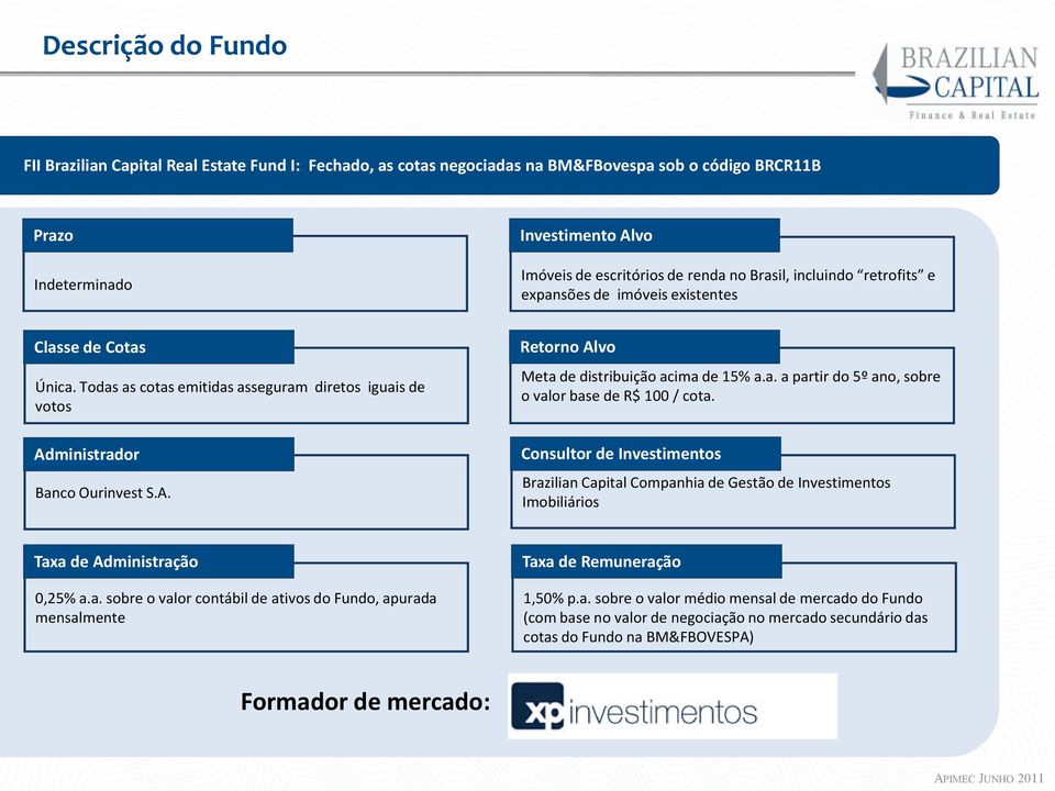 a. a partir do 5º ano, sobre o valor base de R$ 100 / cota. Consultor de Investimentos Brazilian Capital Companhia de Gestão de Investimentos Imobiliários Taxa de Administração 0,25% a.a. sobre o valor contábil de ativos do Fundo, apurada mensalmente Taxa de Remuneração 1,50% p.