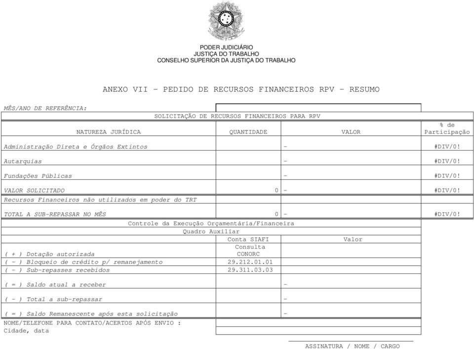 Controle da Execução Orçamentária/Financeira Quadro Auxiliar Conta SIAFI Valor Consulta ( + ) Dotação autorizada CONORC ( - ) Bloqueio de crédito p/ remanejamento 29.212.01.