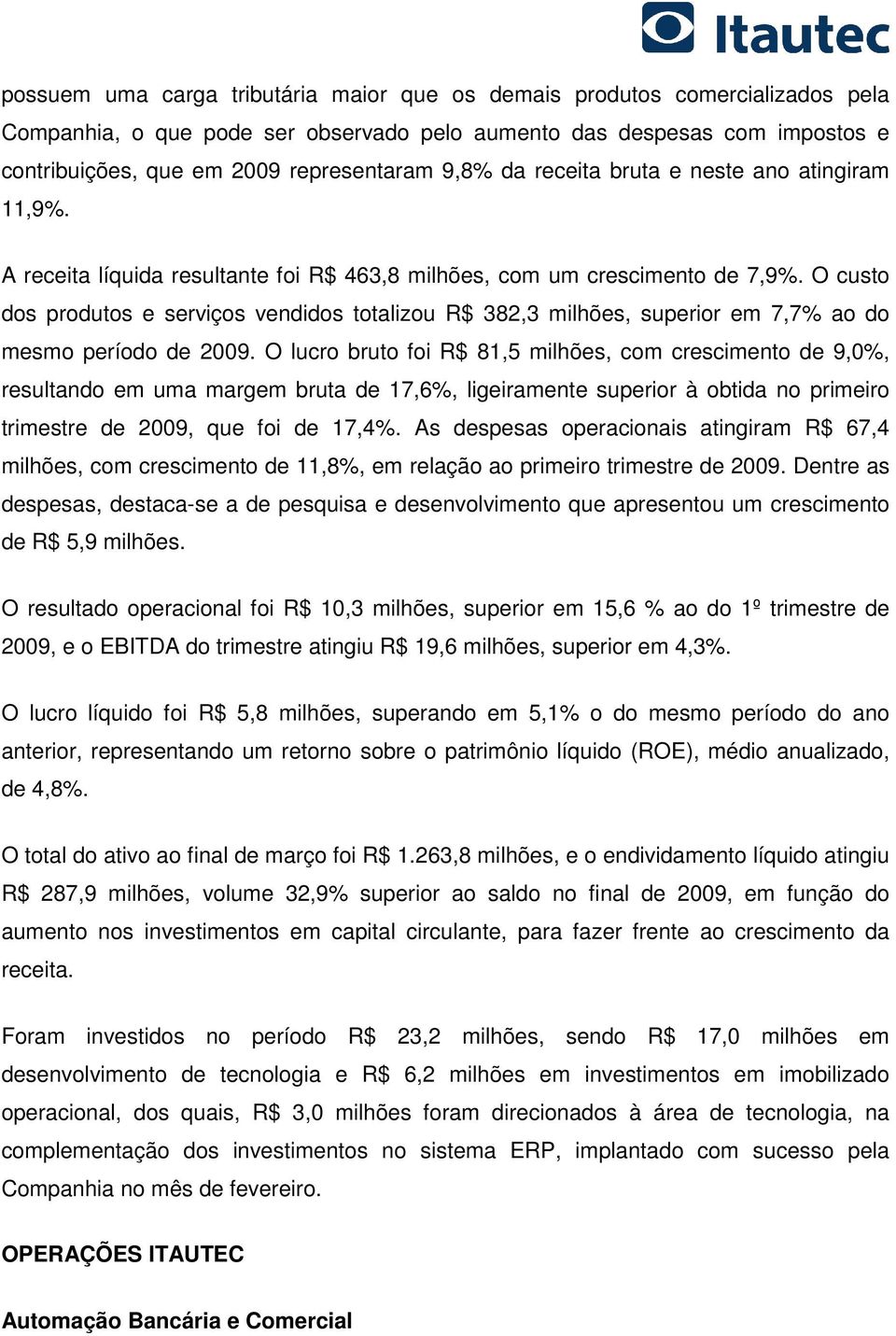 O custo dos produtos e serviços vendidos totalizou R$ 382,3 milhões, superior em 7,7% ao do mesmo período de 2009.