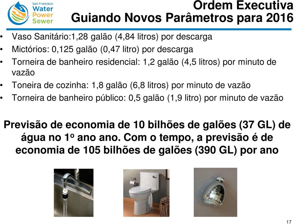 galão (6,8 litros) por minuto de vazão Torneira de banheiro público: 0,5 galão (1,9 litro) por minuto de vazão Previsão de