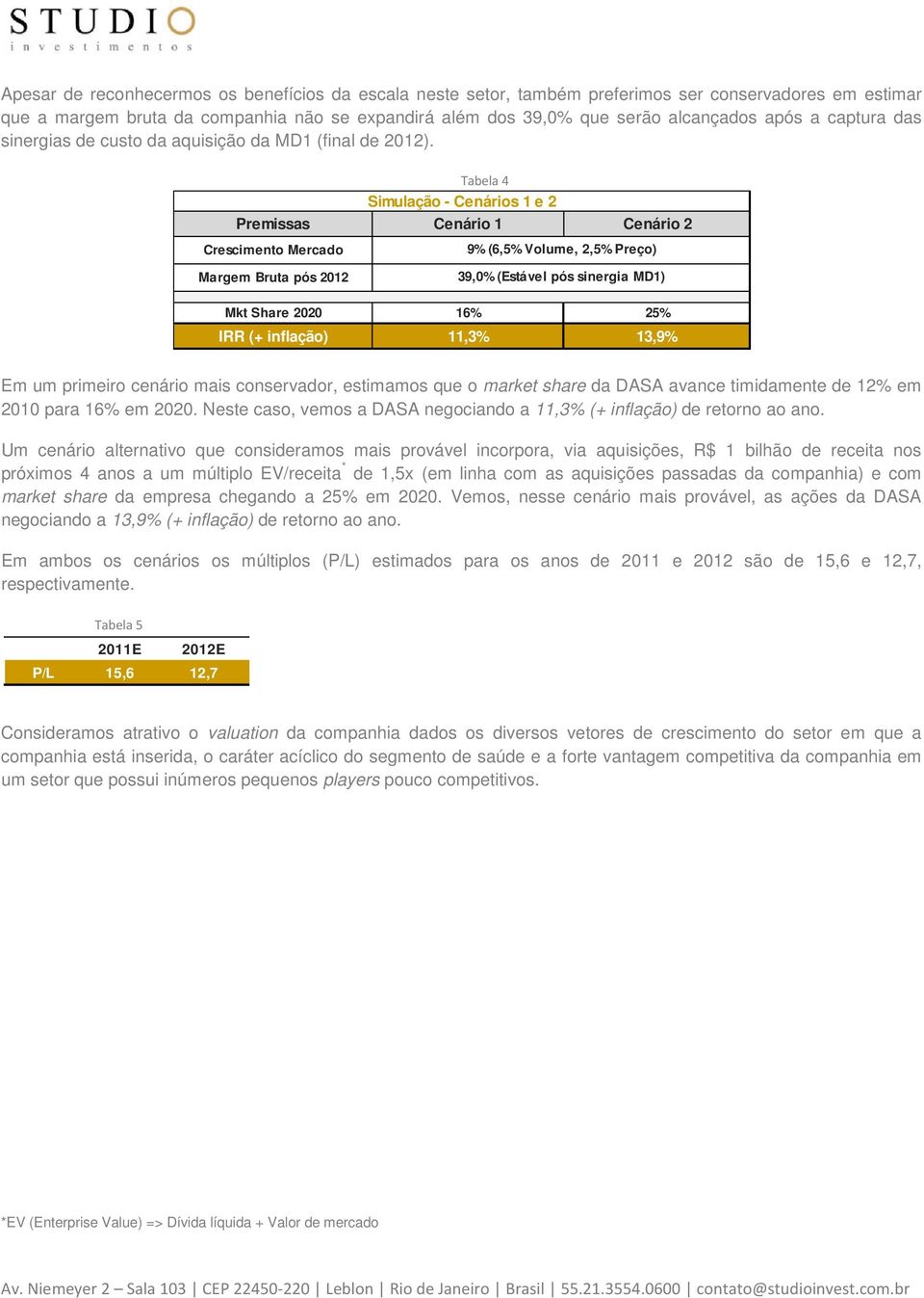 Tabela 4 Simulação - Cenários 1 e 2 Premissas Cenário 1 Cenário 2 Crescimento Mercado Margem Bruta pós 2012 9% (6,5% Volume, 2,5% Preço) 39,0% (Estável pós sinergia MD1) Mkt Share 2020 16% 25% IRR (+