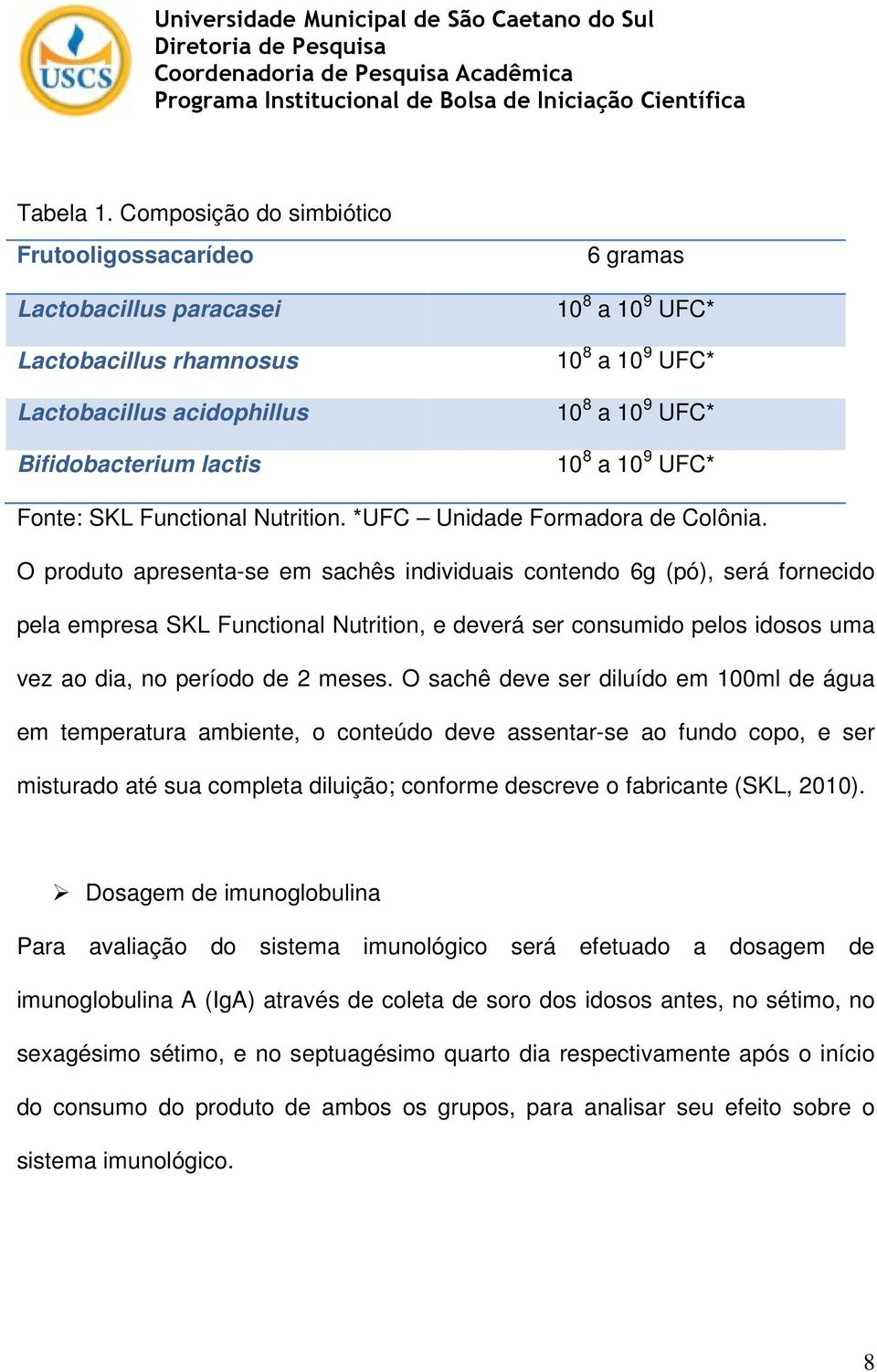 UFC* 10 8 a 10 9 UFC* Fonte: SKL Functional Nutrition. *UFC Unidade Formadora de Colônia.