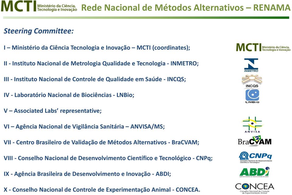 Agência Nacional de Vigilância Sanitária ANVISA/MS; VII - Centro Brasileiro de Validação de Métodos Alternativos - BraCVAM; VIII - Conselho Nacional de