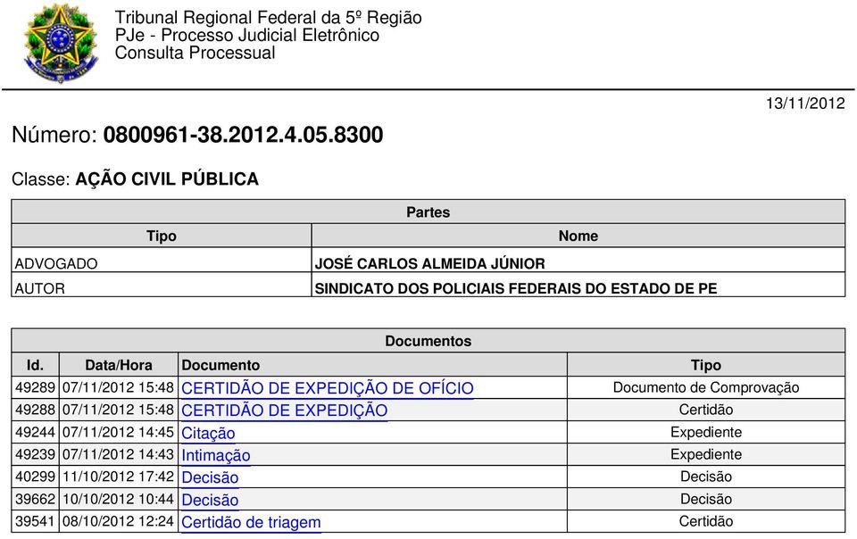 Data/Hora Documento Tipo 49289 07/11/2012 15:48 CERTIDÃO DE EXPEDIÇÃO DE OFÍCIO Documento de Comprovação 49288 07/11/2012 15:48 CERTIDÃO DE EXPEDIÇÃO Certidão 49244