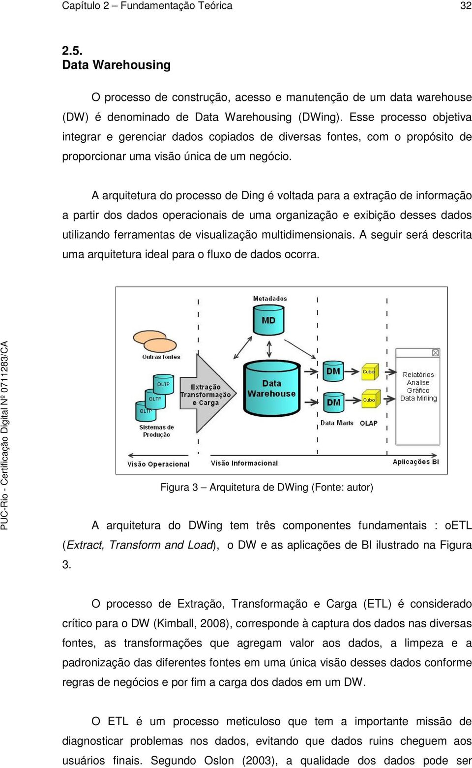 A arquitetura do processo de Ding é voltada para a extração de informação a partir dos dados operacionais de uma organização e exibição desses dados utilizando ferramentas de visualização