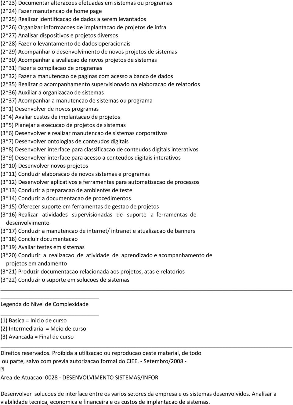 (2*30) Acompanhar a avaliacao de novos projetos de sistemas (2*31) Fazer a compilacao de programas (2*32) Fazer a manutencao de paginas com acesso a banco de dados (2*35) Realizar o acompanhamento