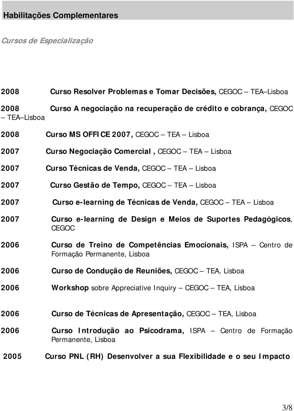 e-learning de Técnicas de Venda, CEGOC TEA Lisboa 2007 Curso e-learning de Design e Meios de Suportes Pedagógicos, CEGOC 2006 Curso de Treino de Competências Emocionais, ISPA Centro de Formação