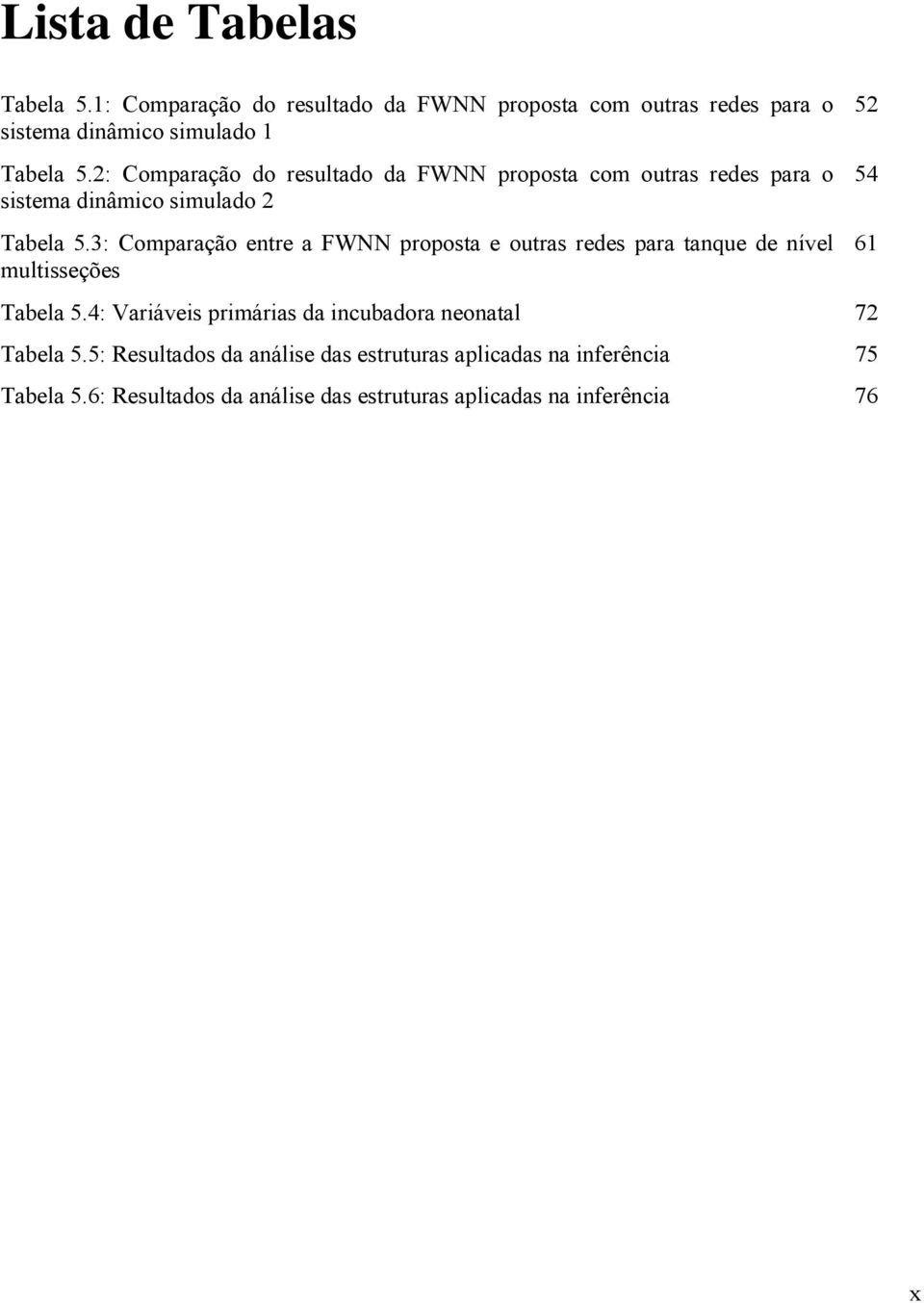 3: Comparação entre a FWNN proposta e outras redes para tanque de nível 61 multsseções Tabela 5.