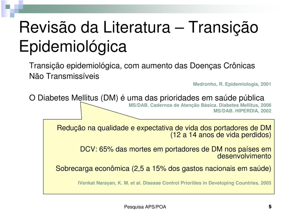 HIPERDIA, 2002 Redução na qualidade e expectativa de vida dos portadores de DM (12 a 14 anos de vida perdidos) DCV: 65% das mortes em portadores de DM nos