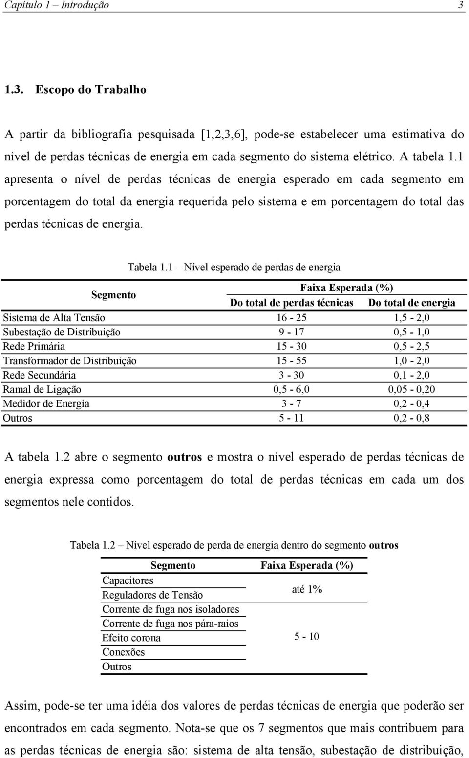 1 apresenta o nível de perdas técnicas de energia esperado em cada segmento em porcentagem do total da energia requerida pelo sistema e em porcentagem do total das perdas técnicas de energia.