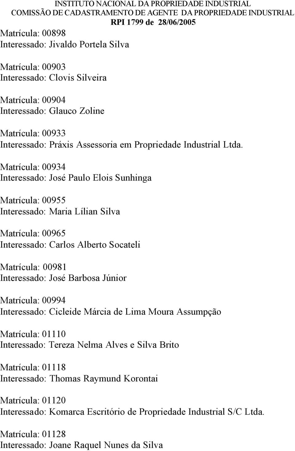 Matrícula: 00934 Interessado: José Paulo Elois Sunhinga Matrícula: 00955 Interessado: Maria Lílian Silva Matrícula: 00965 Interessado: Carlos Alberto Socateli Matrícula: 00981 Interessado: José