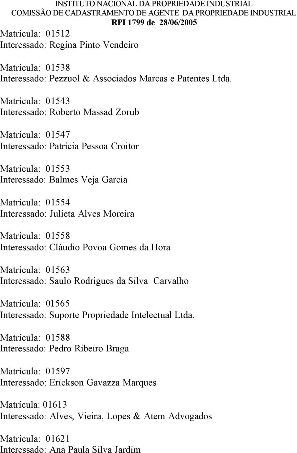 Matrícula: 01543 Interessado: Roberto Massad Zorub Matrícula: 01547 Interessado: Patrícia Pessoa Croitor Matrícula: 01553 Interessado: Balmes Veja Garcia Matrícula: 01554 Interessado: Julieta Alves