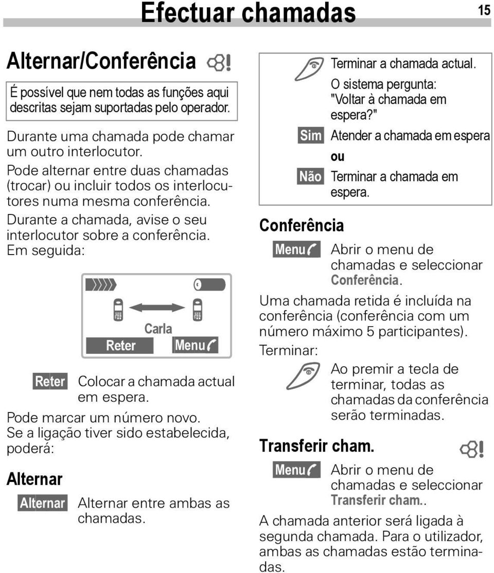 Em seguida: Reter Colocar a chamada actual em espera. Pode marcar um número novo.