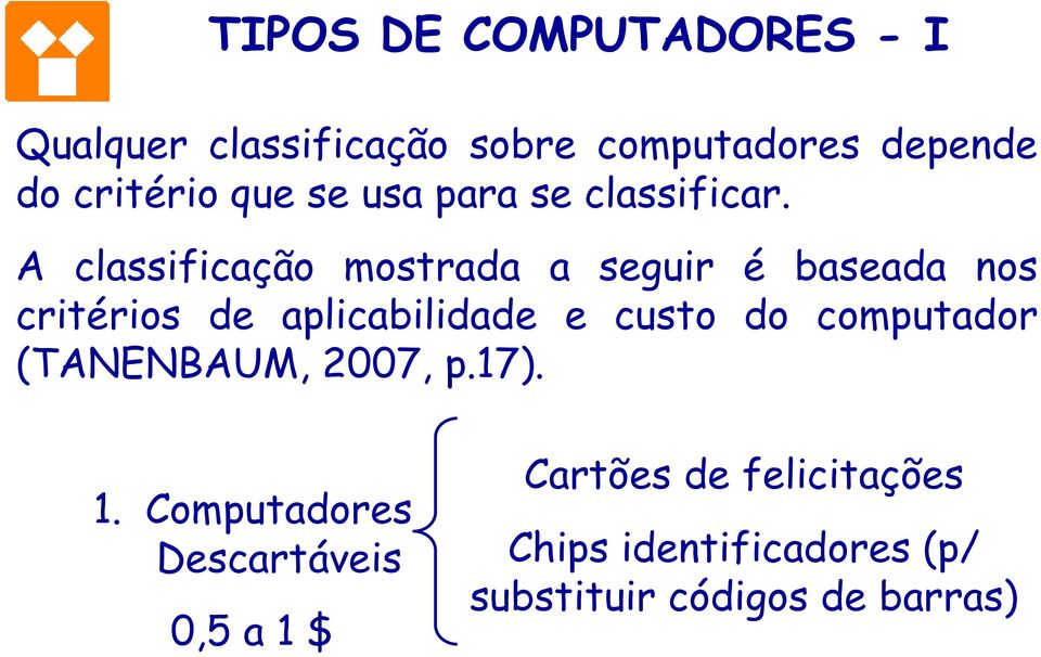 A classificação mostrada a seguir é baseada nos critérios de aplicabilidade e custo do