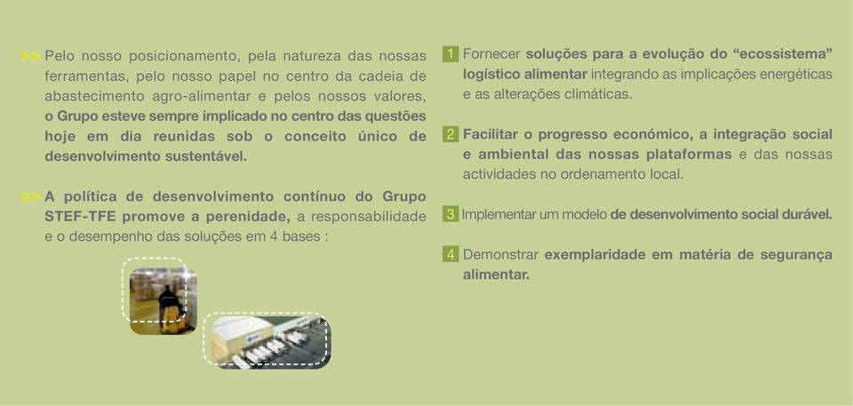 >> A política de desenvolvimento contínuo do Grupo STEF-TFE promove a perenidade, a responsabilidade e o desempenho das soluções em 4 bases : 1 Fornecer soluções para a evolução do ecossistema