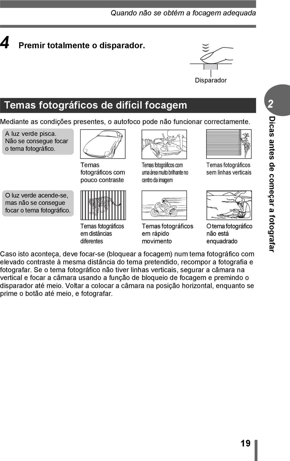 O luz verde acende-se, mas não se consegue focar o tema fotográfico.