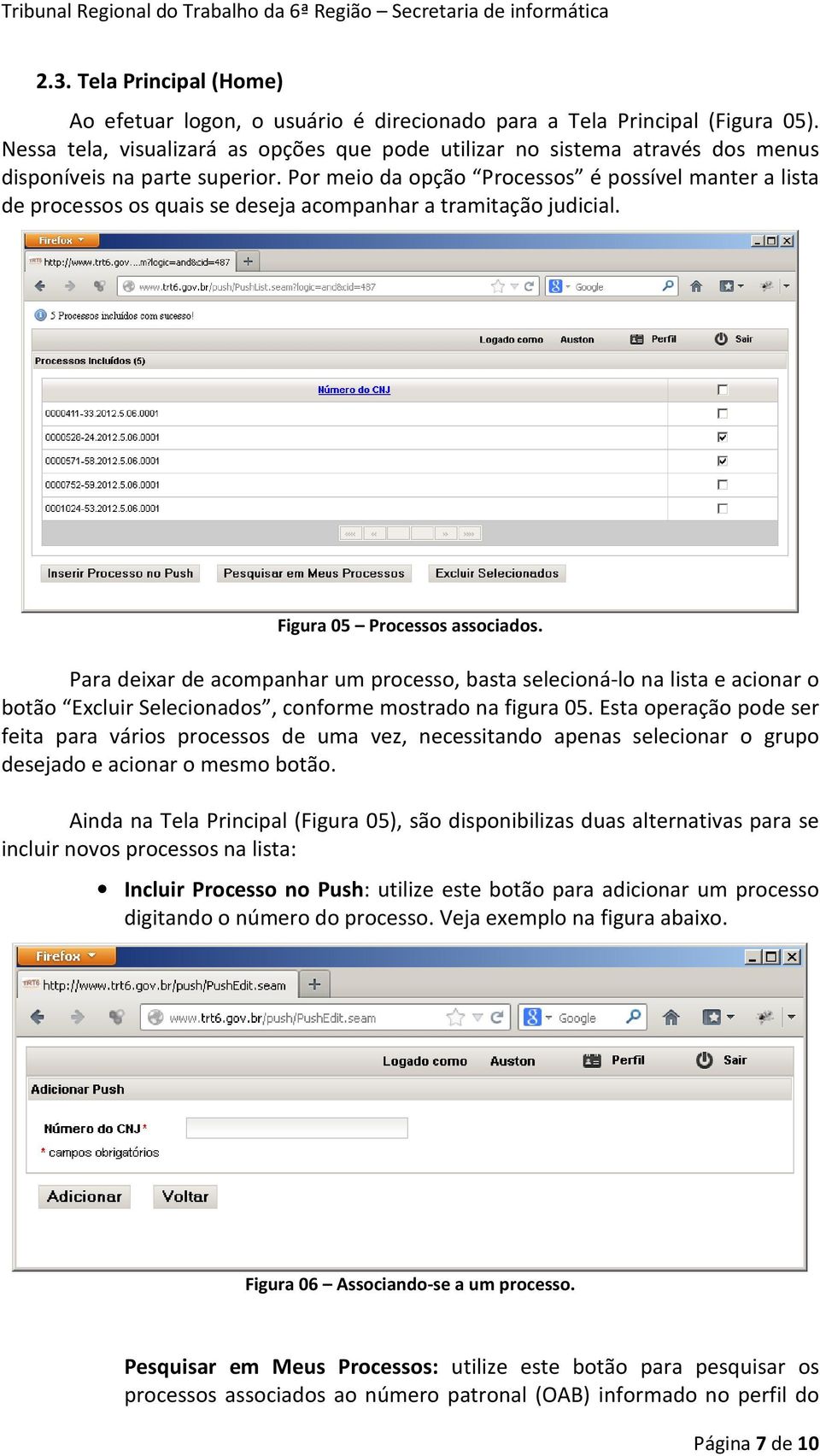 Por meio da opção Processos é possível manter a lista de processos os quais se deseja acompanhar a tramitação judicial. Figura 05 Processos associados.