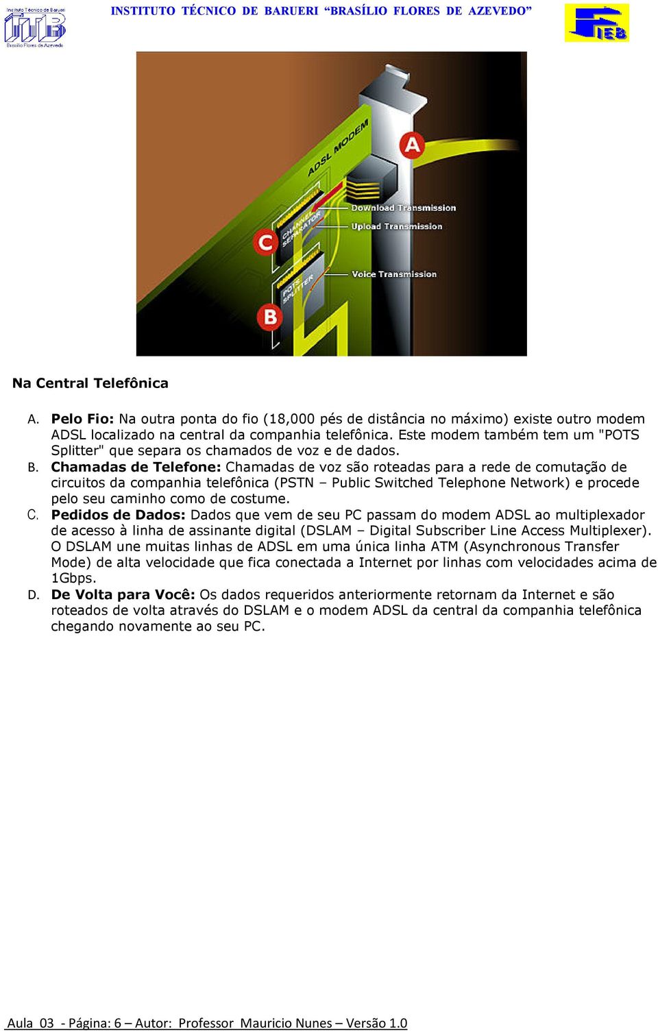 Chamadas de Telefone: Chamadas de voz são roteadas para a rede de comutação de circuitos da companhia telefônica (PSTN Public Switched Telephone Network) e procede pelo seu caminho como de costume. C. Pedidos de Dados: Dados que vem de seu PC passam do modem ADSL ao multiplexador de acesso à linha de assinante digital (DSLAM Digital Subscriber Line Access Multiplexer).