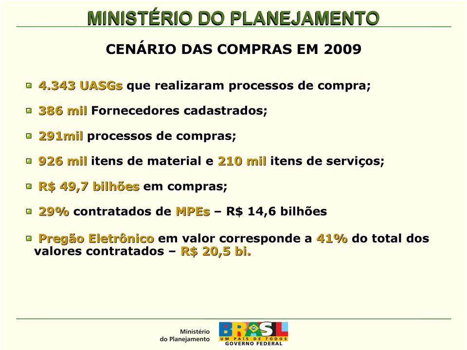 processos de compras; 926 mil itens de material e 210 mil itens de serviços; R$ 49,7