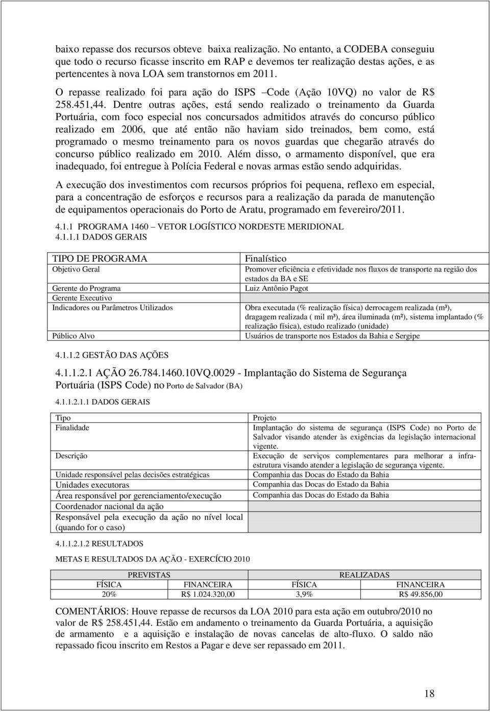 O repasse realizado foi para ação do ISPS Code (Ação 10VQ) no valor de R$ 258.451,44.