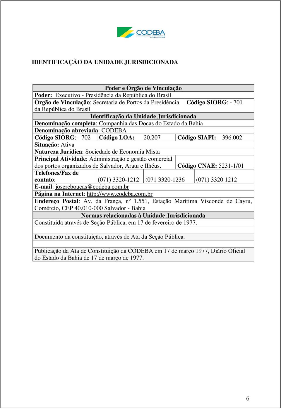 207 Código SIAFI: 396.002 Situação: Ativa Natureza Jurídica: Sociedade de Economia Mista Principal Atividade: Administração e gestão comercial dos portos organizados de Salvador, Aratu e Ilhéus.