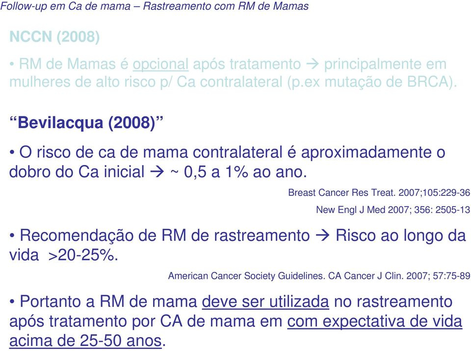 Breast Cancer Res Treat. 2007;105:229-36 New Engl J Med 2007; 356: 2505-13 Recomendação de RM de rastreamento Risco ao longo da vida >20-25%.