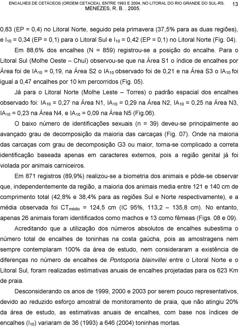 Para o Litoral Sul (Molhe Oeste Chuí) observou-se que na Área S1 o índice de encalhes por Área foi de IA 10 = 0,19, na Área S2 o IA 10 observado foi de 0,21 e na Área S3 o IA 10 foi igual a 0,47