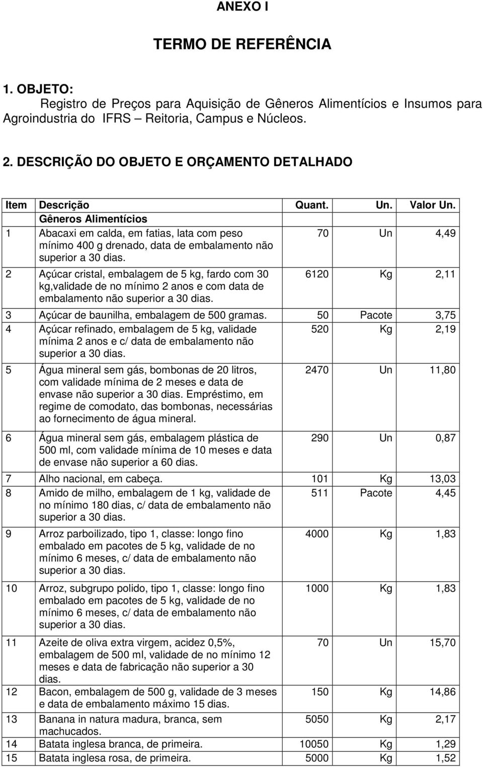 Gêneros Alimentícios 1 Abacaxi em calda, em fatias, lata com peso mínimo 400 g drenado, data de embalamento não superior a 30 dias.