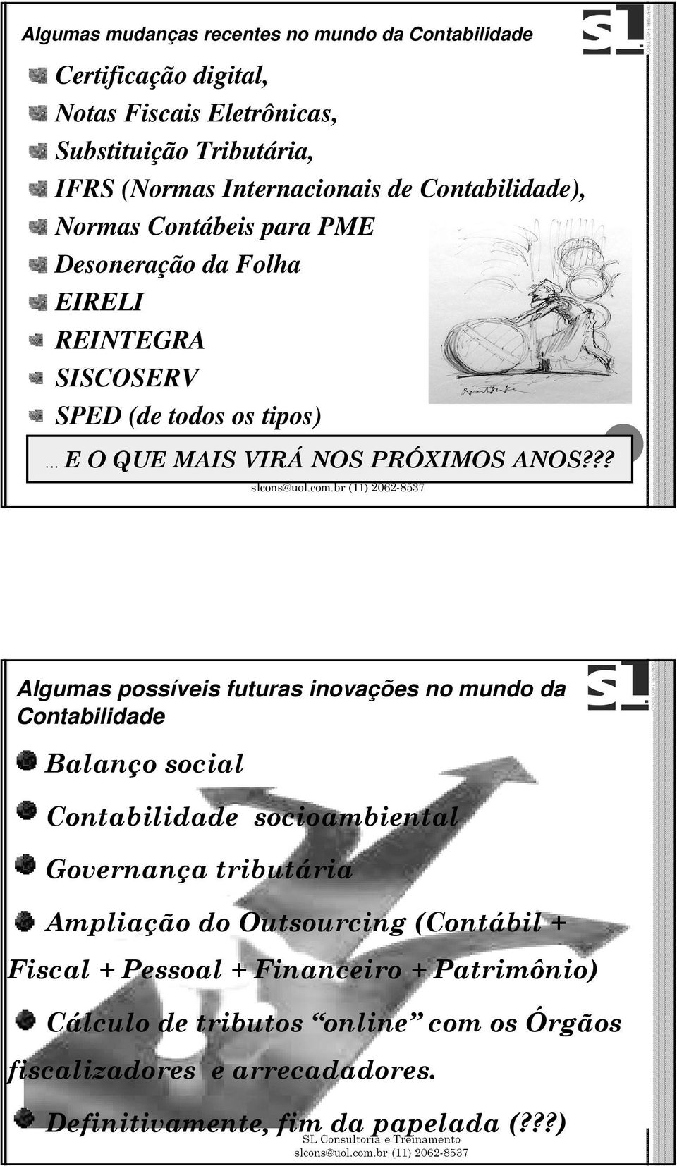 ?? Algumas possíveis futuras inovações no mundo da Contabilidade Balanço social Contabilidade socioambiental Governança tributária Ampliação do Outsourcing