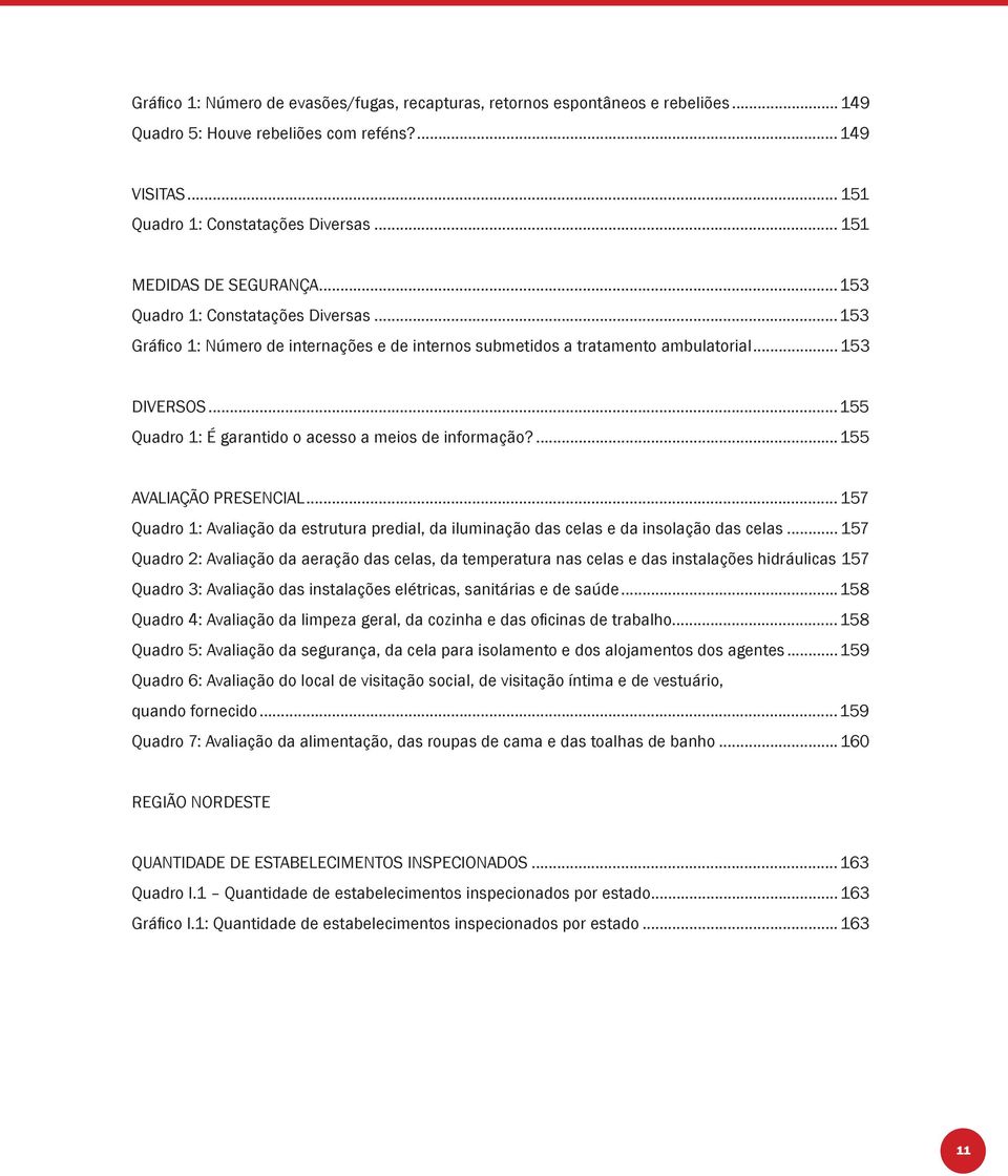 ..155 Quadro 1: É garantido o acesso a meios de informação?...155 AVALIAÇÃO PRESENCIAL... 157 Quadro 1: Avaliação da estrutura predial, da iluminação das celas e da insolação das celas.