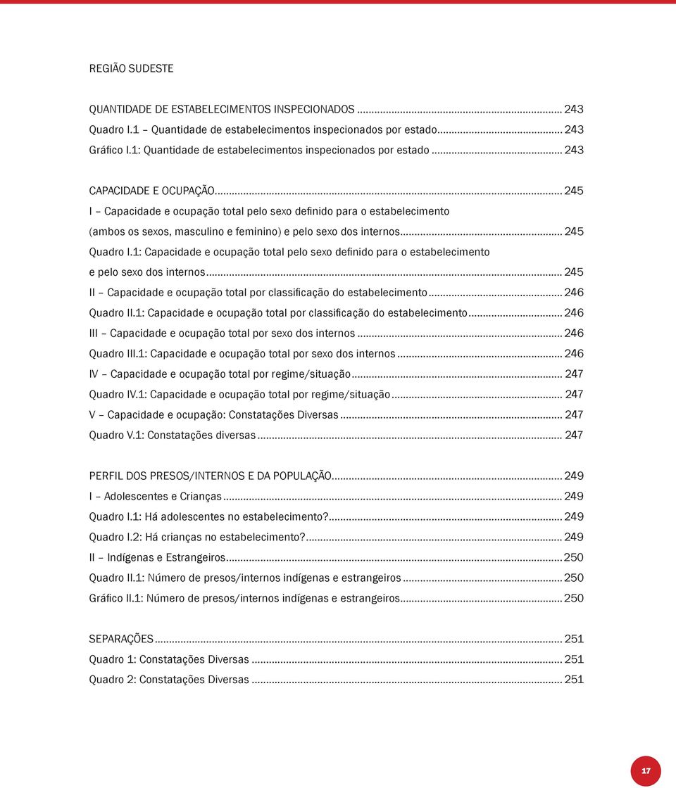 .. 245 I Capacidade e ocupação total pelo sexo defi nido para o estabelecimento (ambos os sexos, masculino e feminino) e pelo sexo dos internos... 245 Quadro I.