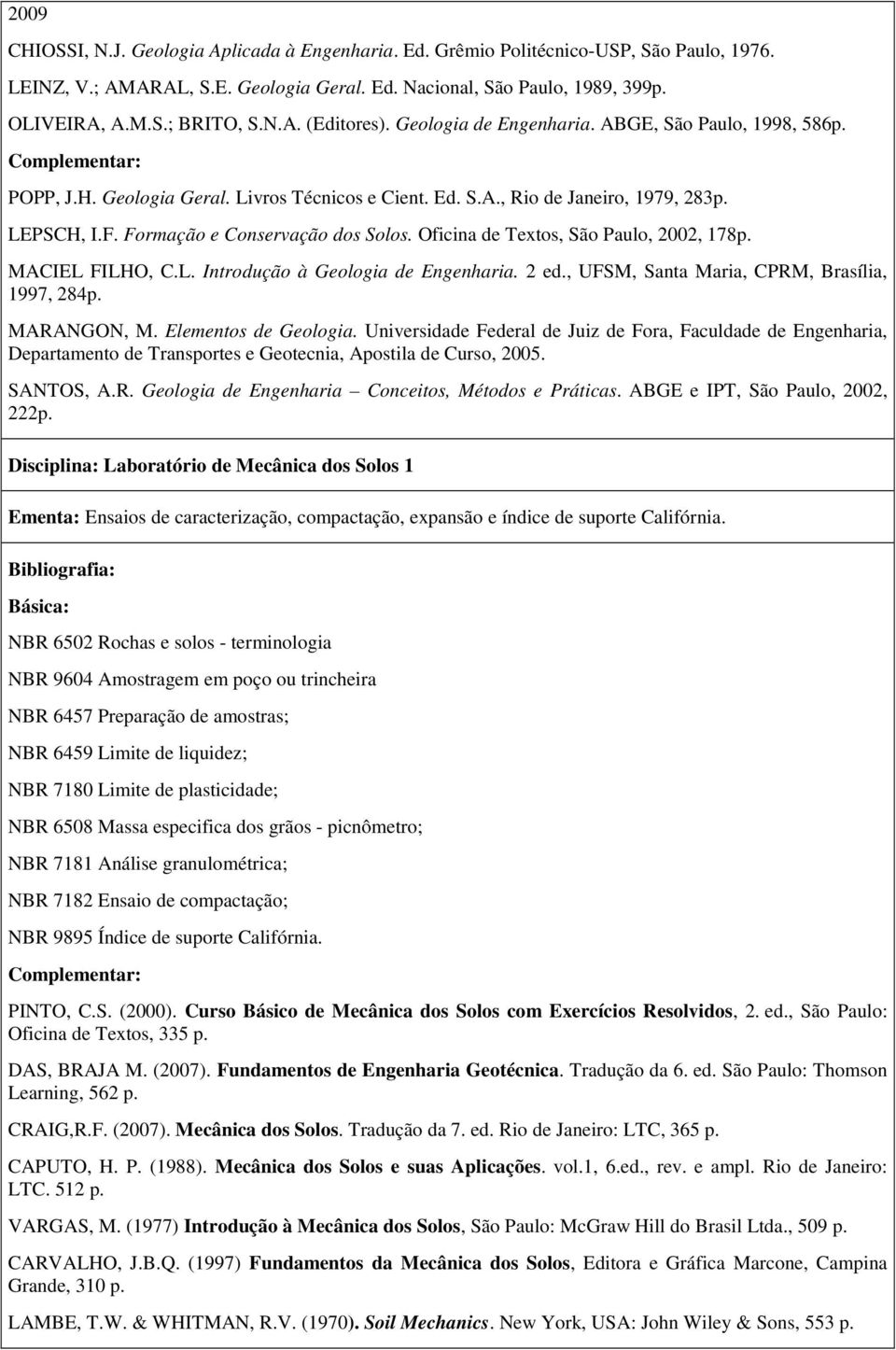 Formação e Conservação dos Solos. Oficina de Textos, São Paulo, 2002, 178p. MACIEL FILHO, C.L. Introdução à Geologia de Engenharia. 2 ed., UFSM, Santa Maria, CPRM, Brasília, 1997, 284p. MARANGON, M.