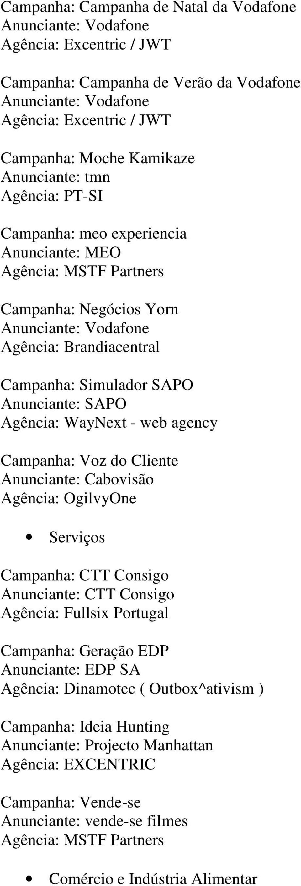 Campanha: Simulador SAPO Anunciante: SAPO Campanha: Voz do Cliente Anunciante: Cabovisão Serviços Campanha: CTT Consigo Anunciante: CTT Consigo Campanha: Geração EDP