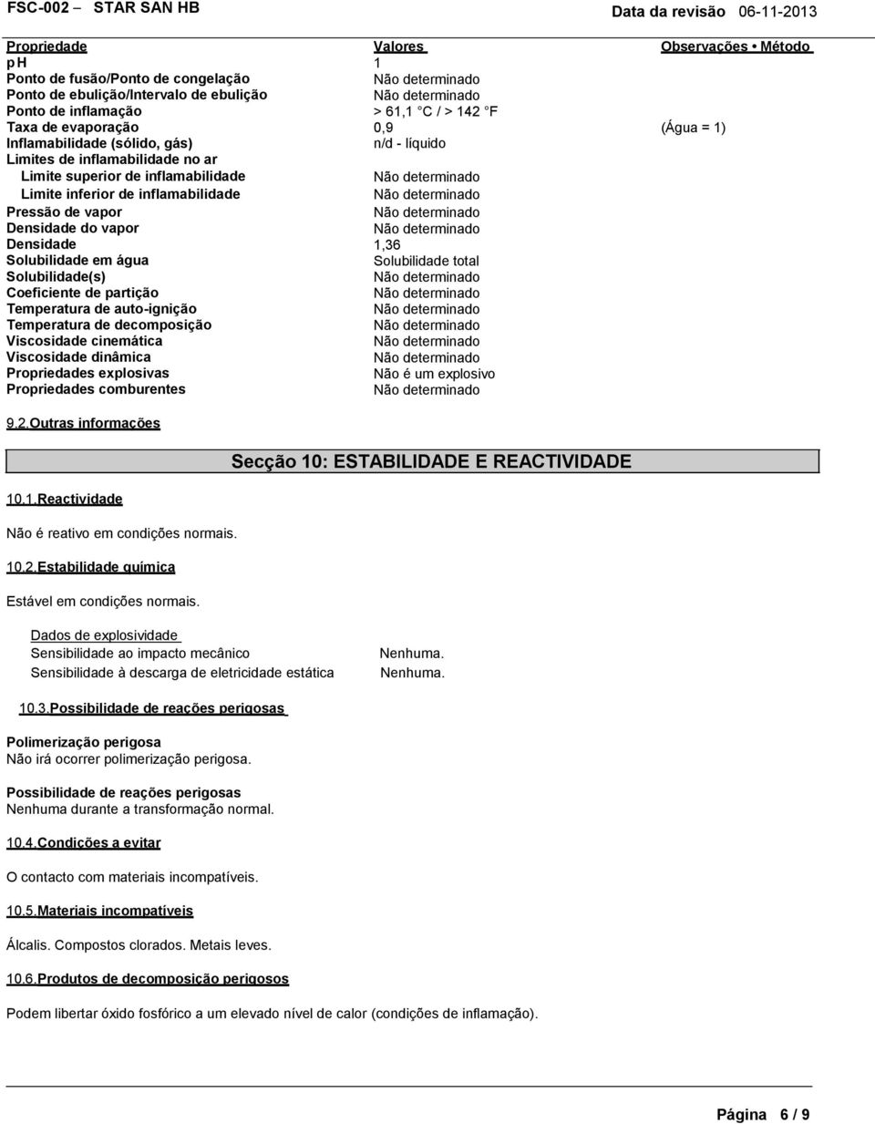 Temperatura de decomposição Viscosidade cinemática Viscosidade dinâmica Propriedades explosivas Propriedades comburentes 9.2.