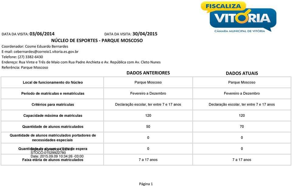 Cleto Nunes Referência: Parque Moscoso DADOS ANTERIORES DADOS ATUAIS Local de funcionamento do Núcleo Parque Moscoso Parque Moscoso Período de matrículas e rematrículas Fevereiro a Dezembro Fevereiro