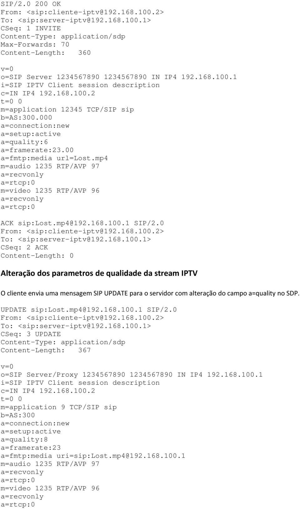 0 CSeq: 2 ACK Alteração dos parametros de qualidade da stream IPTV O cliente envia uma mensagem SIP UPDATE para o servidor com alteração do campo a=quality no