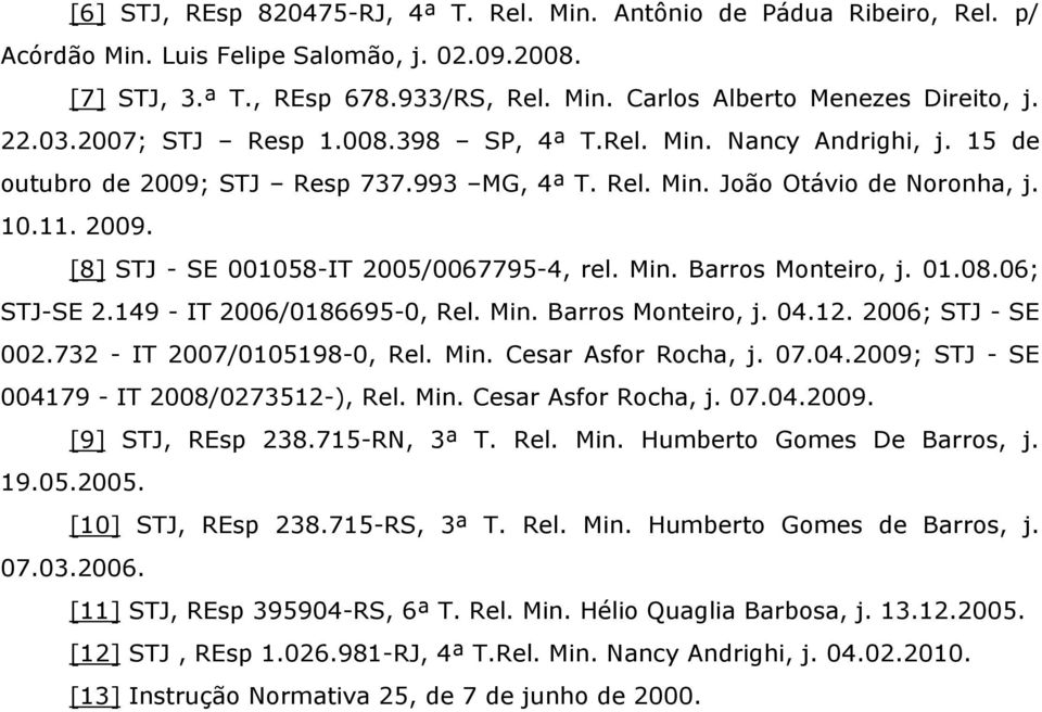 Min. Barros Monteiro, j. 01.08.06; STJ-SE 2.149 - IT 2006/0186695-0, Rel. Min. Barros Monteiro, j. 04.12. 2006; STJ - SE 002.732 - IT 2007/0105198-0, Rel. Min. Cesar Asfor Rocha, j. 07.04.2009; STJ - SE 004179 - IT 2008/0273512-), Rel.