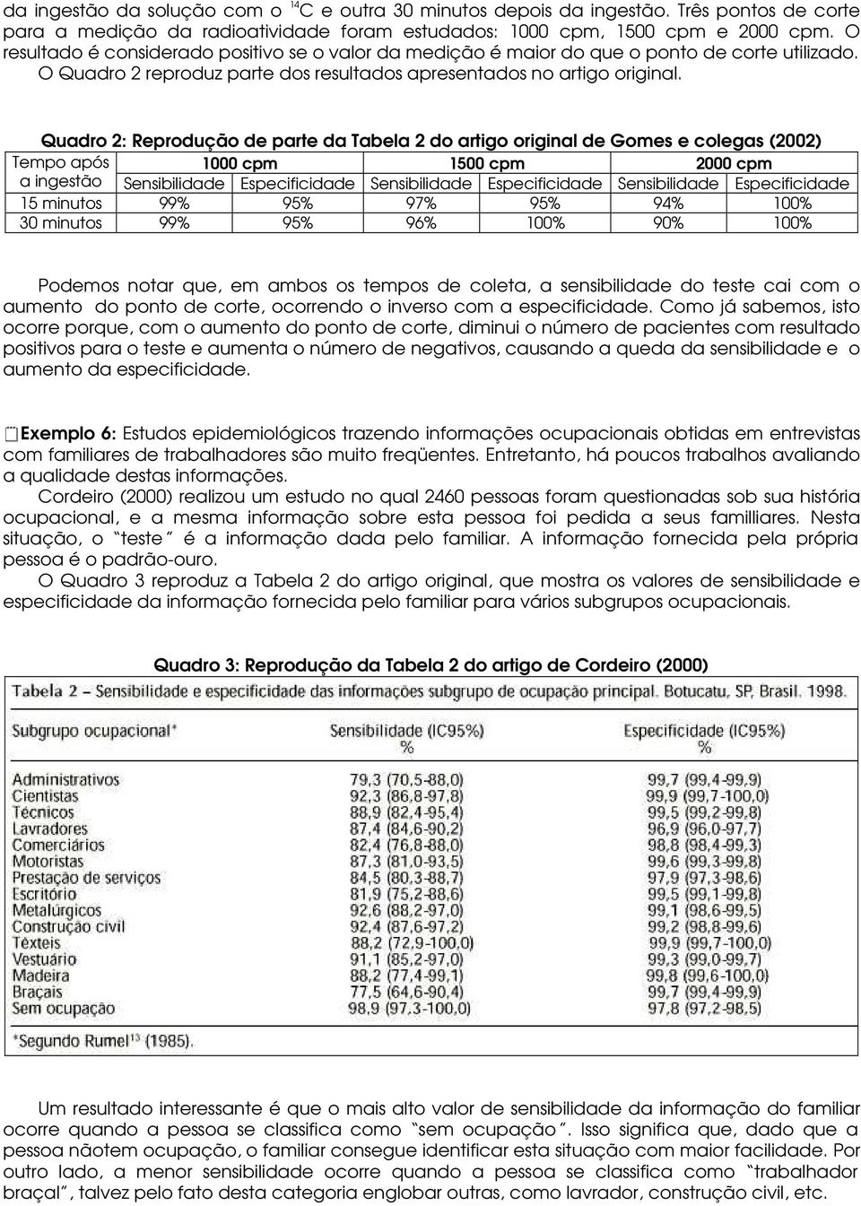 O resultado é considerado positivo se o valor da medição é maior do que o ponto de corte utilizado. O Quadro 2 reproduz parte dos resultados apresentados no artigo original.