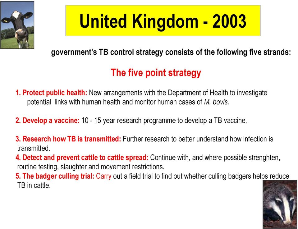 Develop a vaccine: 10-15 year research programme to develop a TB vaccine. 3. Research how TB is transmitted: Further research to better understand how infection is transmitted. 4.