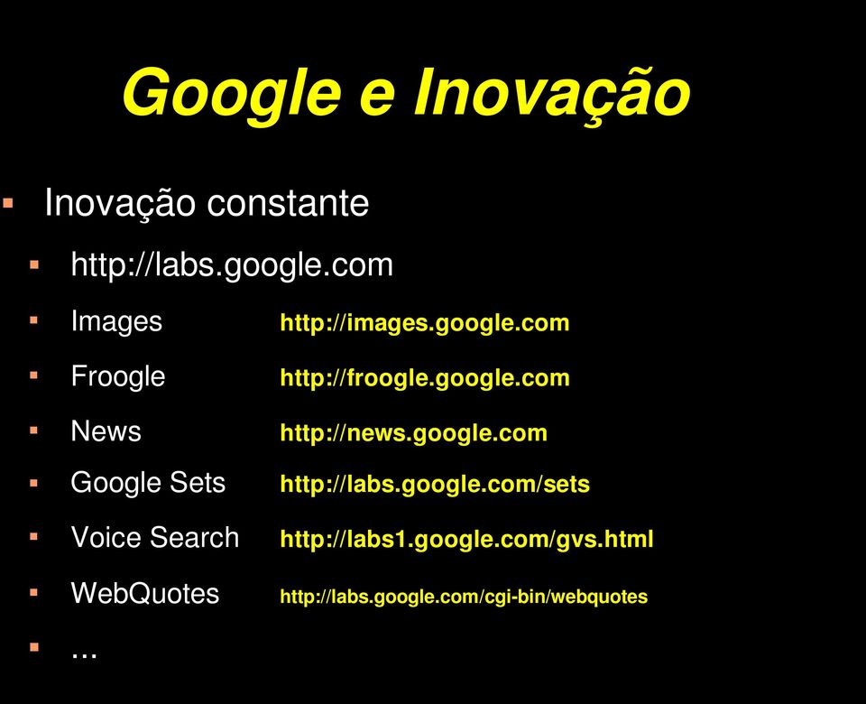 google.com Google Sets http://labs.google.com/sets Voice Search http://labs1.