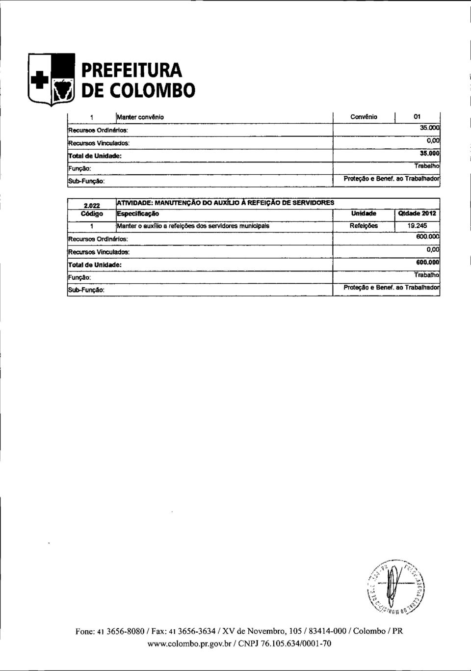 022 ~TMDADE: MANIlTENÇAO DO AU REFElçAo DE SERVIDORES Código ~ficaçllo Unidade Qldade2012 1 Manter o auxflio a refeições dos