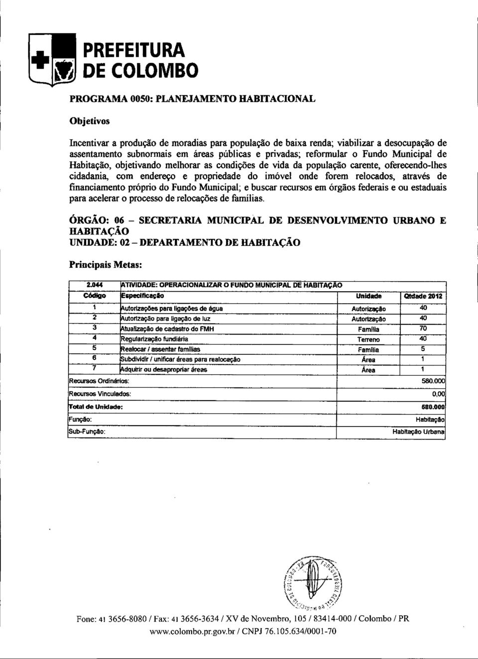 financiamento próprio do Fundo Municipal; e buscar recursos em órgãos federais e ou estaduais para acelerar o processo de relocações de familias.