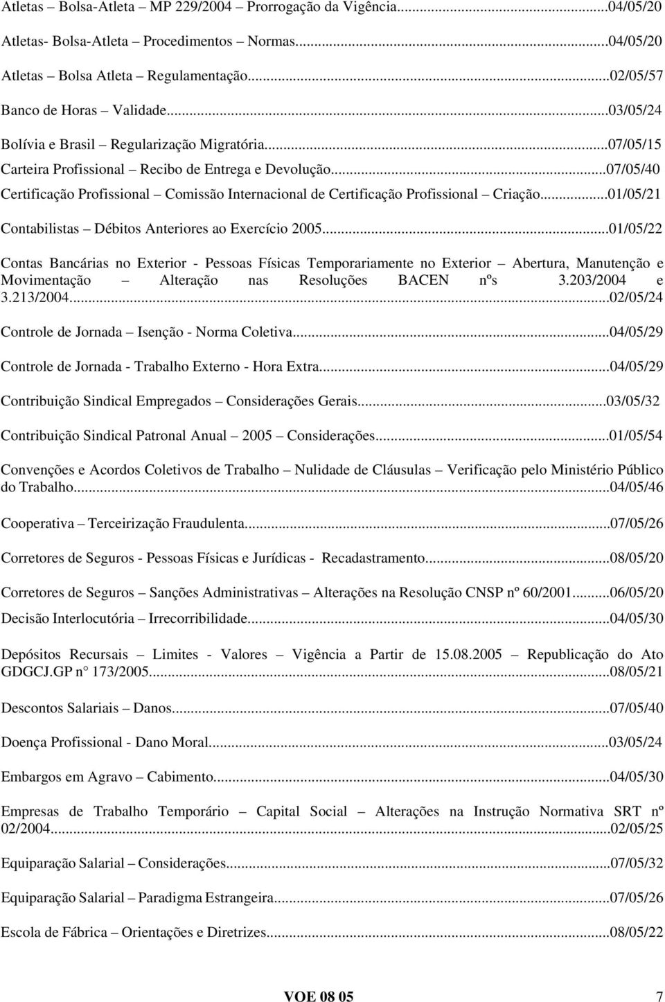 ..07/05/40 Certificação Profissional Comissão Internacional de Certificação Profissional Criação...01/05/21 Contabilistas Débitos Anteriores ao Exercício 2005.