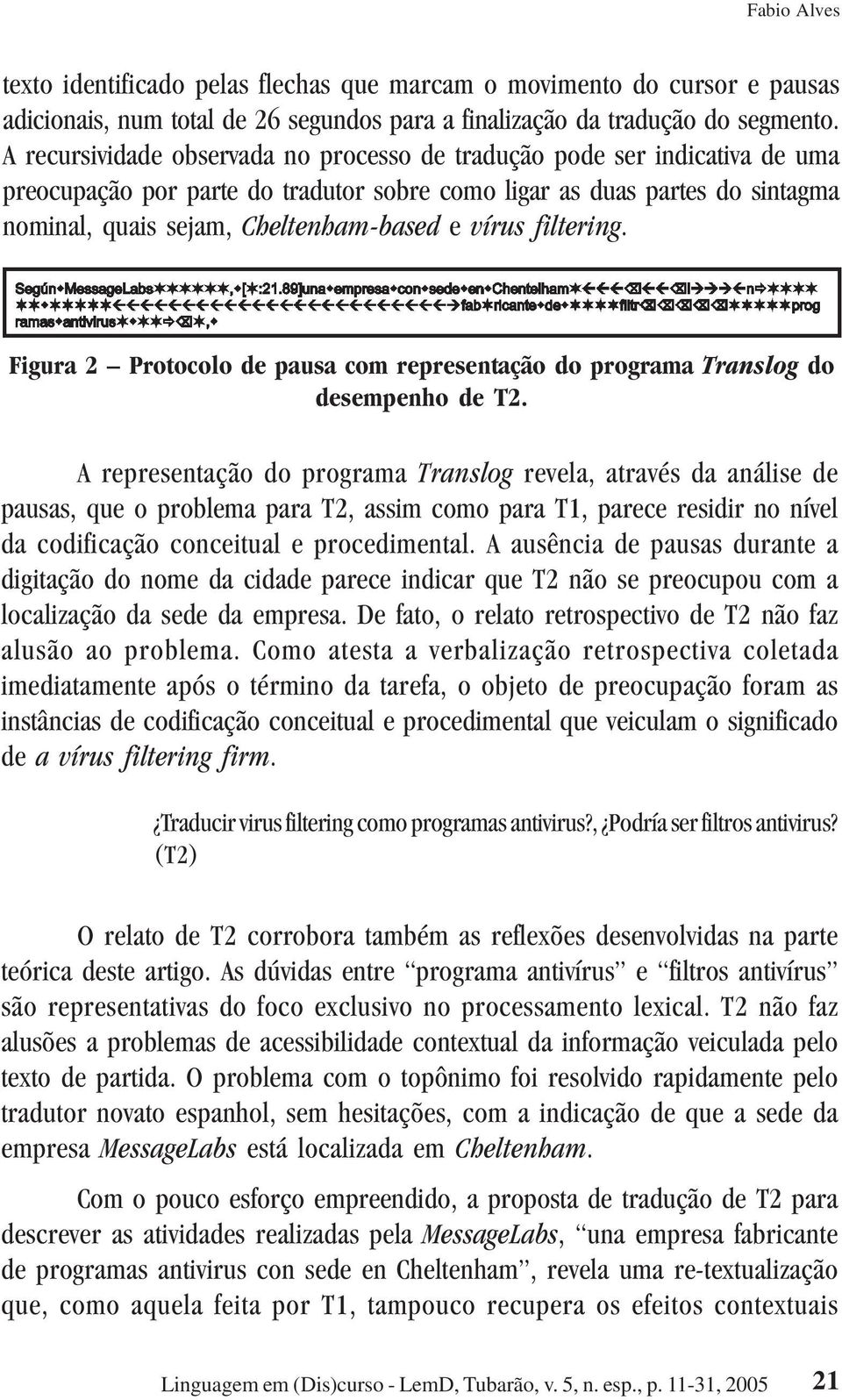 vírus filtering. Figura 2 Protocolo de pausa com representação do programa Translog do desempenho de T2.