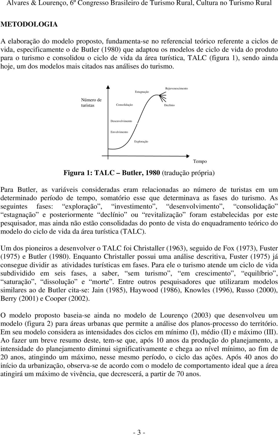 Estagnação Rejuvenescimento Número de turistas Consolidação Declínio Desenvolvimento Envolvimento Exploração Tempo Figura 1: TALC Butler, 1980 (tradução própria) Para Butler, as variáveis