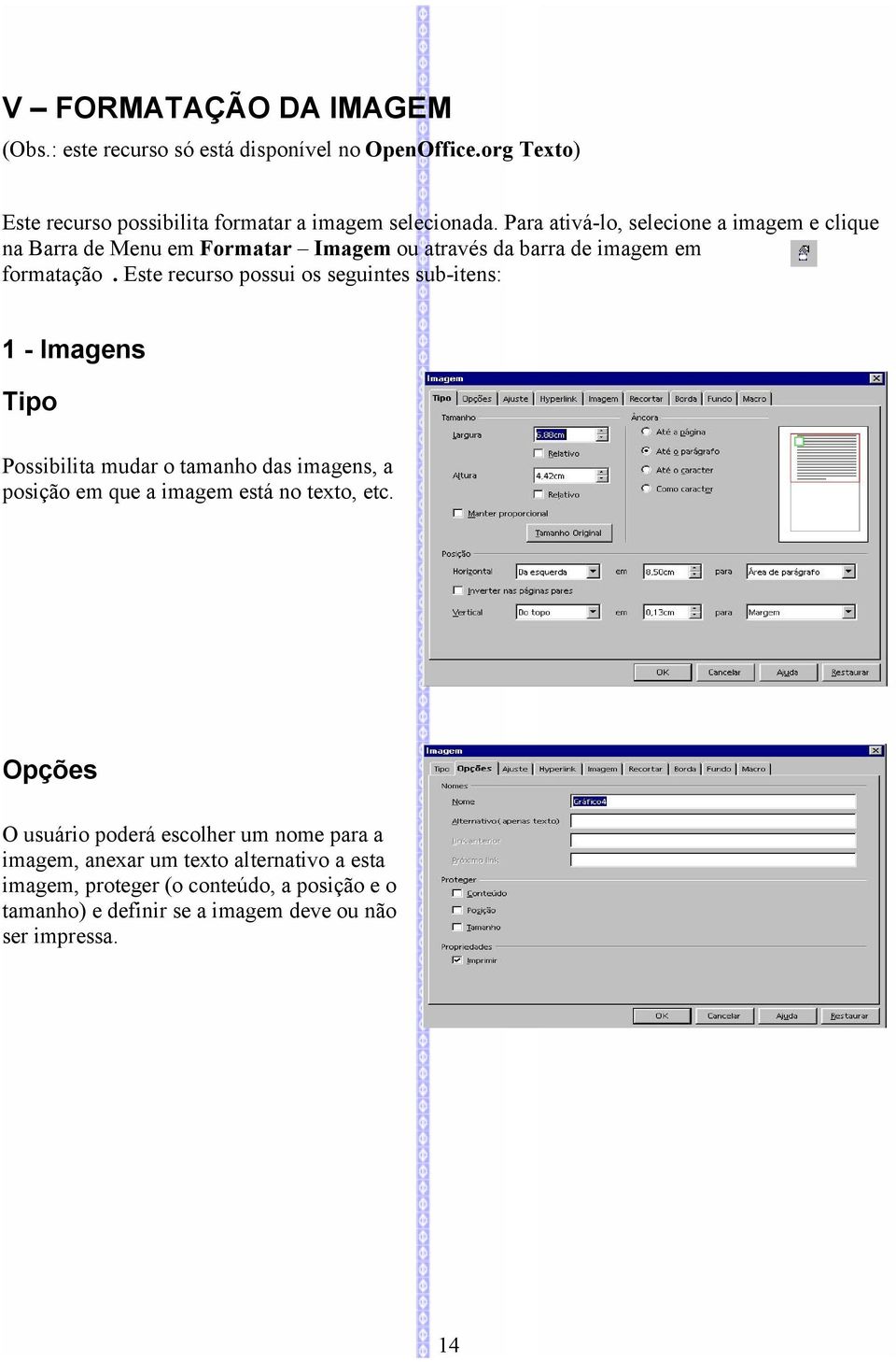 Este recurso possui os seguintes sub-itens: 1 - Imagens Tipo Possibilita mudar o tamanho das imagens, a posição em que a imagem está no texto, etc.