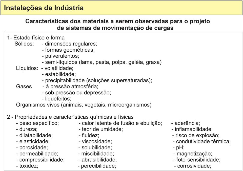 liquefeitos; Organismos vivos (animais, vegetais, microorganismos) 2 - Propriedades e características químicas e físicas - peso especí co; - calor latente de fusão e ebulição; - aderência; - dureza;