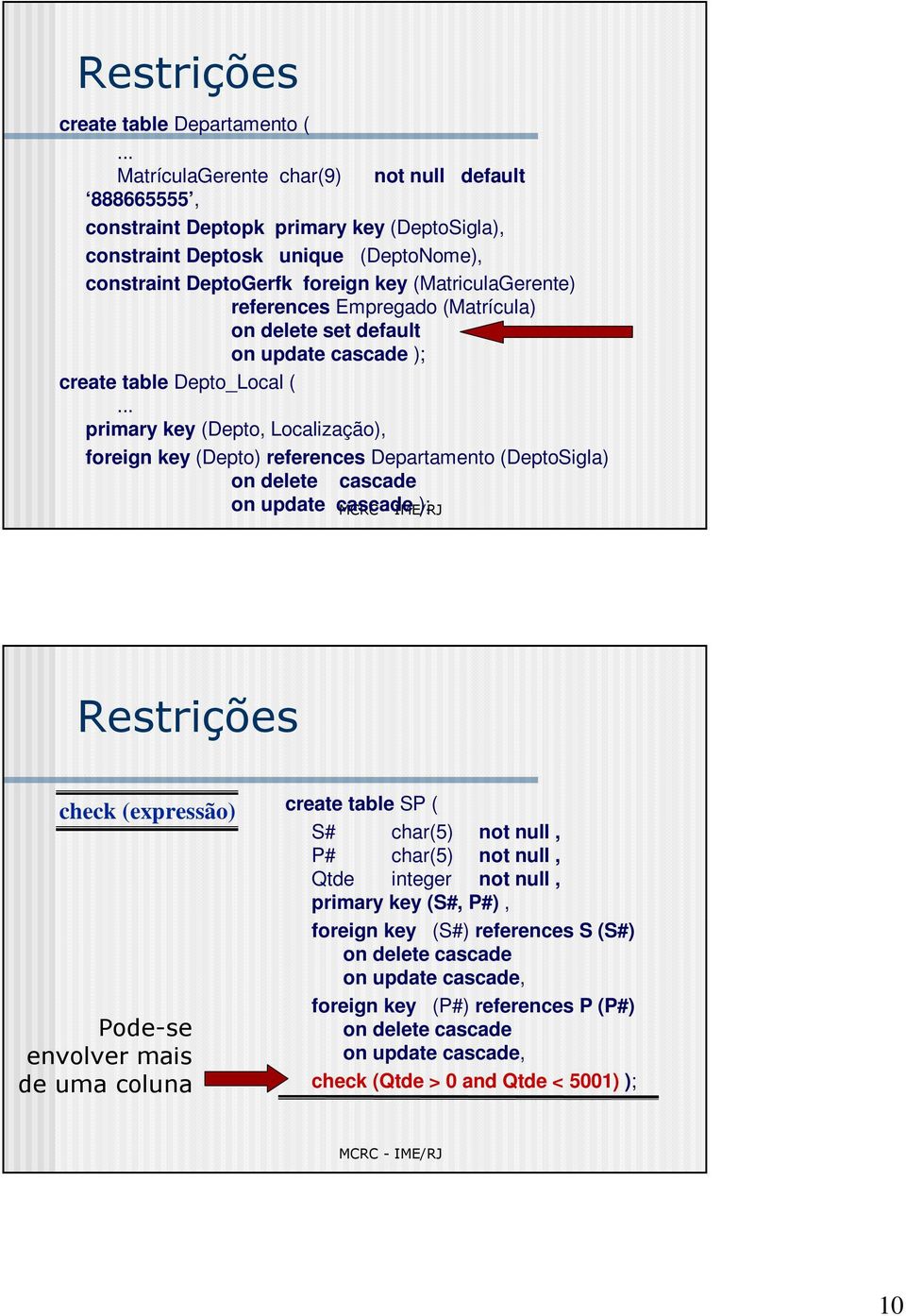 references Empregado (Matrícula) on delete set default on update cascade ); create table Depto_Local (.