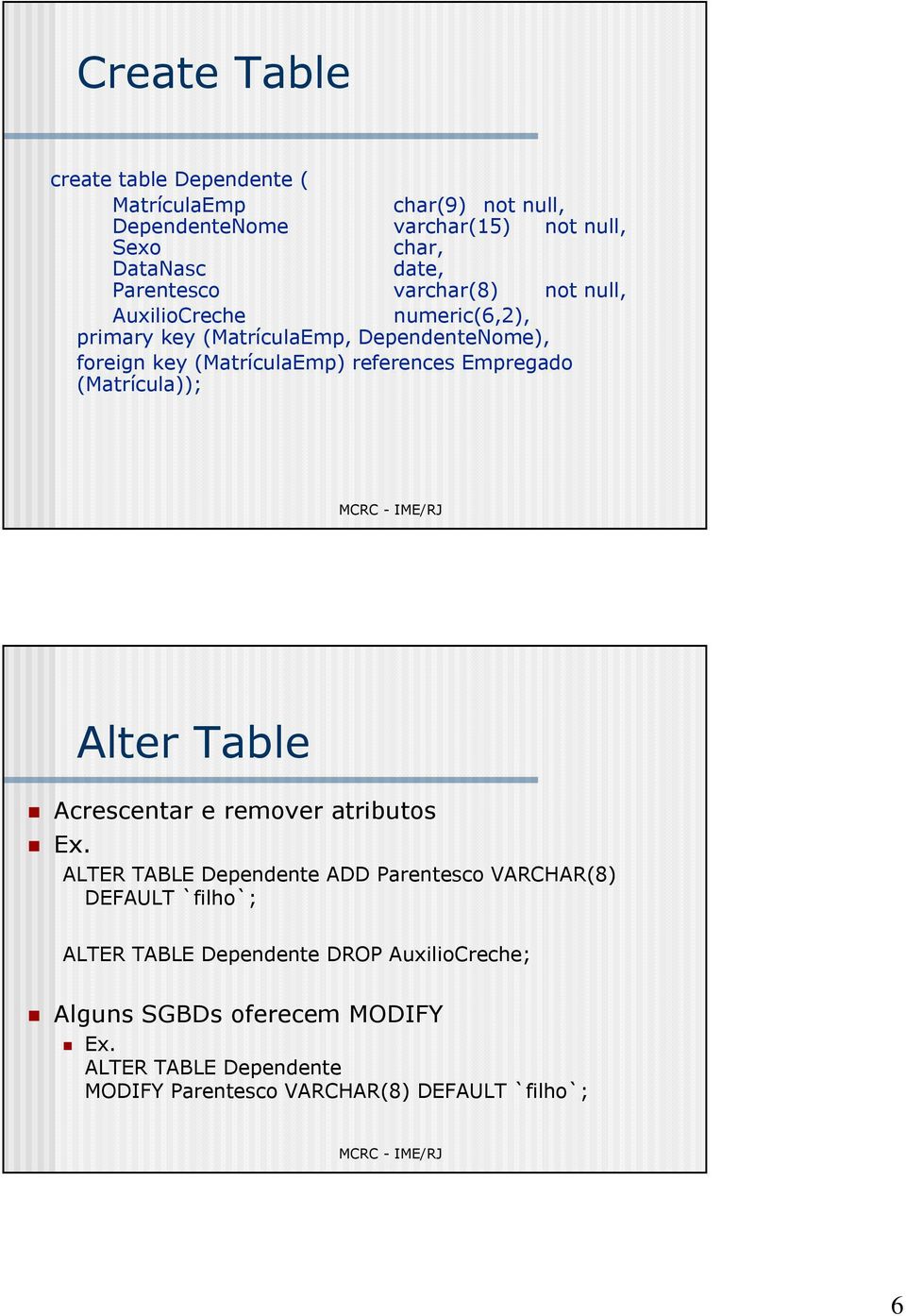 references Empregado (Matrícula)); Alter Table Acrescentar e remover atributos Ex.