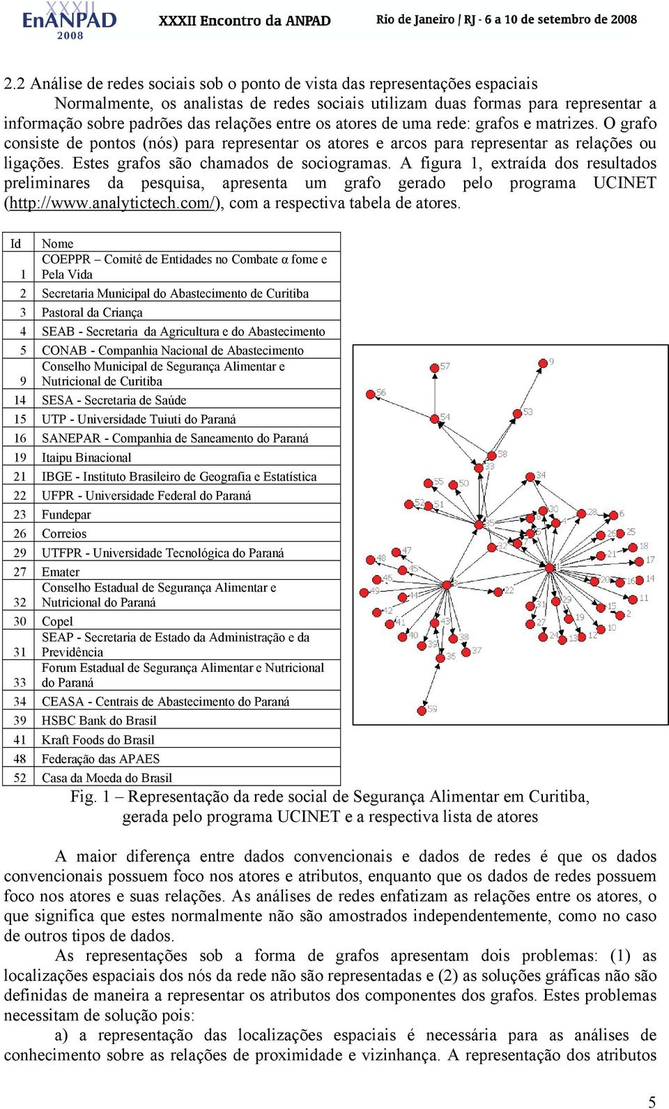 A figura 1, extraída dos resultados preliminares da pesquisa, apresenta um grafo gerado pelo programa UCINET (http://www.analytictech.com/), com a respectiva tabela de atores.